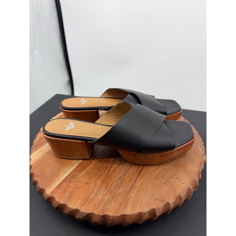 Fortress of Inca Frankie Leather Platform Slide Sandals 41 Black Wood Block Heel